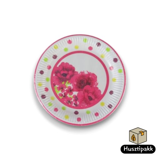 Papírtányér virágos pöttyös 23cm 20db