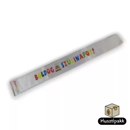 Vállszalag Boldog Szülinapot felirat, fehér-színes 1,6mx9,5cm