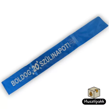 Vállszalag Boldog 20 Szülinapot felirat, kék-fehér 1,6mx9,5cm