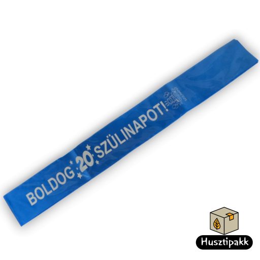 Vállszalag Boldog 20 Szülinapot felirat, kék-fehér 1,6mx9,5cm