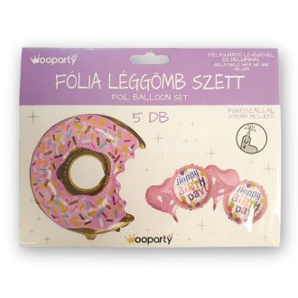 Fólia lufi Szett fánk Happy Birthday szív rózsaszín 5db