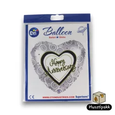 Fólia lufi Happy Anniversary ezüst szív alakú 43cm
