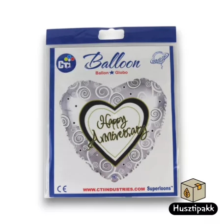 Fólia lufi Happy Anniversary ezüst szív alakú 43cm