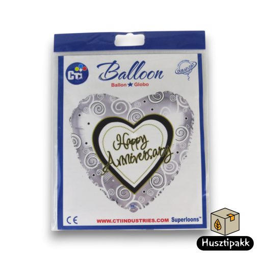 Fólia lufi Happy Anniversary ezüst szív alakú 43cm