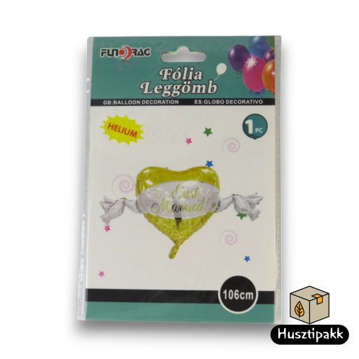 Fólia lufi Just Married arany szárnyas szív alakú 106cm