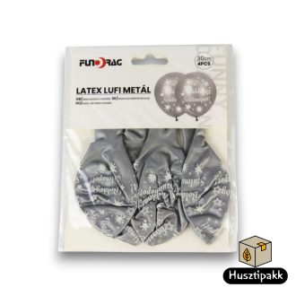   Latex lufi fémes hatású, metál, ezüst, Boldog Szülinapot! felirat 30cm 4db