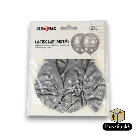 Latex lufi fémes hatású, metál, ezüst, Boldog Szülinapot! felirat 30cm 4db