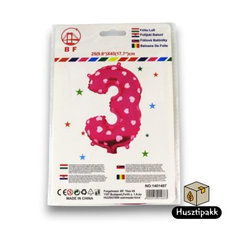 Fólia lufi szám 3, Rózsaszín, 45cm