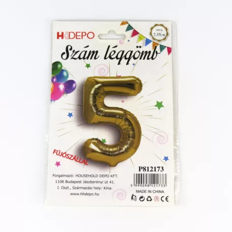 Fólia lufi szám 5, Arany, 40cm