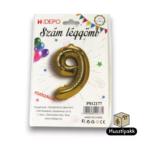 Fólia lufi szám 9, Arany, 40cm