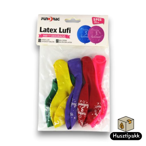 Latex lufi, számos szülinapi, 3, színes 30cm 5db
