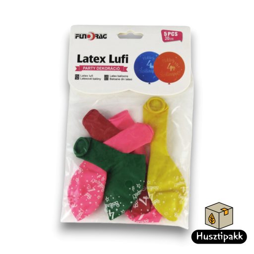 Latex lufi, számos szülinapi, 4, színes 30cm 5db