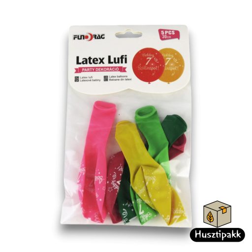 Latex lufi, számos szülinapi, 7, színes 30cm 5db