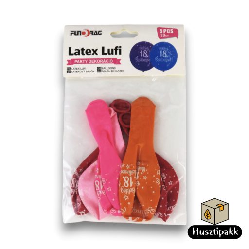 Latex lufi, számos szülinapi, 18, színes 30cm 5db