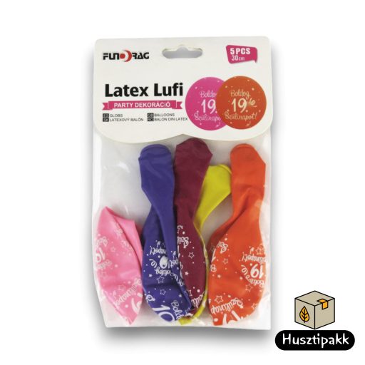 Latex lufi, számos szülinapi, 19, színes 30cm 5db