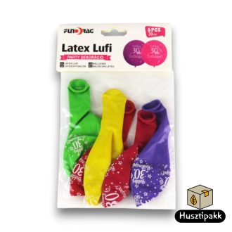Latex lufi, számos szülinapi, 30, színes 30cm 5db