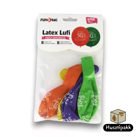 Latex lufi, számos szülinapi, 50, színes 30cm 5db