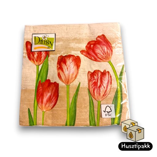 Szalvéta mintás, Tulipánok vintage háttérrel,  33x33cm 20db