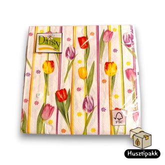   Szalvéta mintás fehér, citrom-narancs csíkok, tulipánok 33x33cm 20db