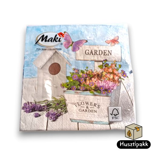 Szalvéta mintás kék fehér, flowers and garden felirat, virágos lepkés 33x33cm 20db
