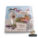 Szalvéta mintás kék fehér, flowers and garden felirat, virágos lepkés 33x33cm 20db