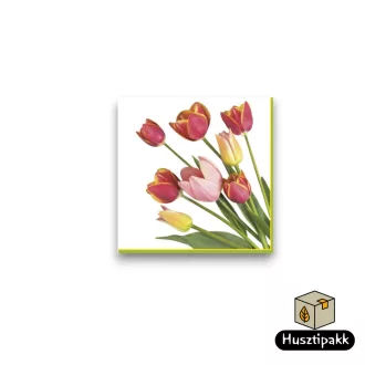   Szalvéta mintás fehér, zöld-sárga szél, tulipánok oldalról 33x33cm 20db