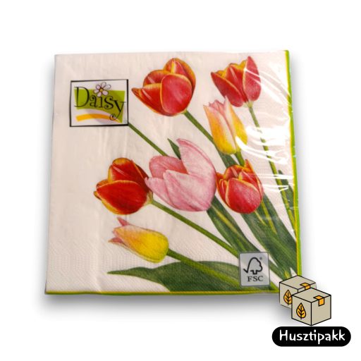 Szalvéta mintás fehér, zöld-sárga szél, tulipánok oldalról 33x33cm 20db
