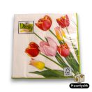 Szalvéta mintás fehér, zöld-sárga szél, tulipánok oldalról 33x33cm 20db