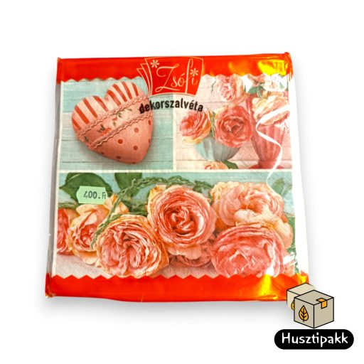 Szalvéta mintás kék fa háttér, rózsaszín rózsák, rózsaszín szív 33x33cm 15db
