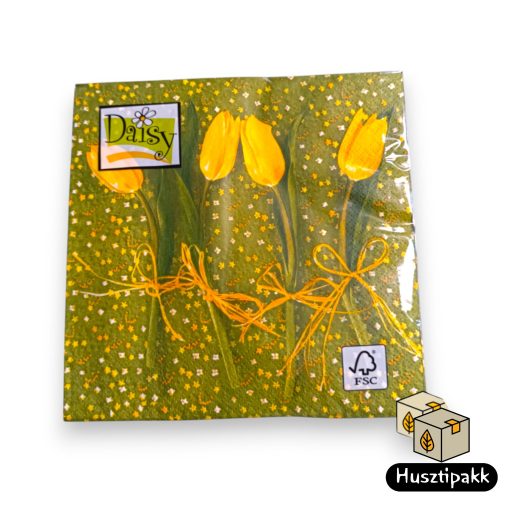 Szalvéta mintás zöld, sárga kötözött tulipánok 33x33cm 20db