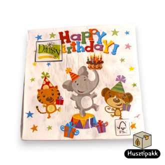   Szalvéta mintás fehér, Happy Birthday felirat,állatok 33x33cm 20db