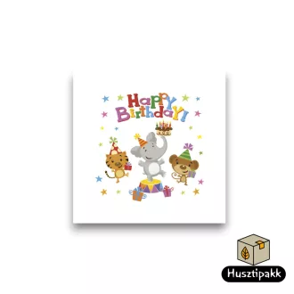   Szalvéta mintás fehér, Happy Birthday felirat,állatok 33x33cm 20db