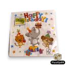 Szalvéta mintás fehér, Happy Birthday felirat,állatok 33x33cm 20db