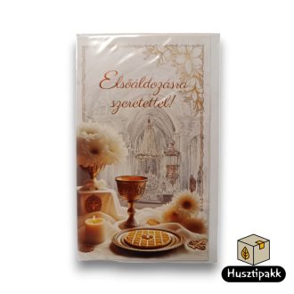   Képeslap - Elsőáldozásra szeretettel! - Kehely, gyertya, ostya, virágok CC