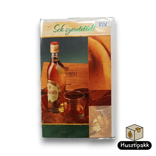 Képeslap - Sok szeretettel! - Zöld háttér, Whisky pohár, üveg, szivardoboz B