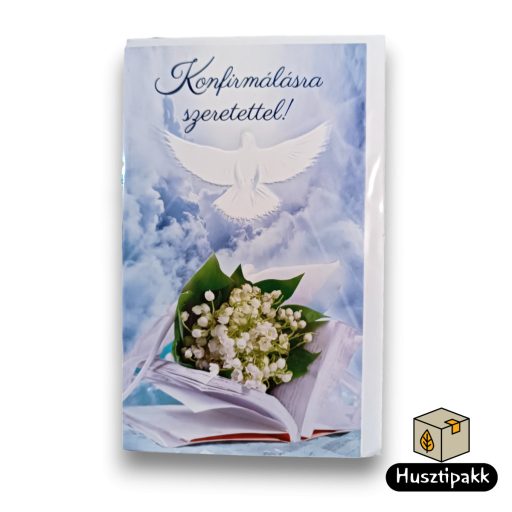 Képeslap - Konfirmálásra szeretettel! - Fehér virágcsokor, bibliában, galamb CC