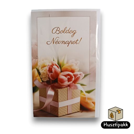 Képeslap - Boldog Névnapot! - Ajándékdobozban tulipánok, rózsaszín szalag E