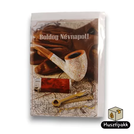 Képeslap - Boldog Névnapot! - Kesztyű, öngyújtó, pipa D