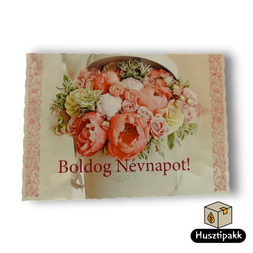 Képeslap - Boldog névnapot! - Ajnádékdobozban rózsák - 1 lapos