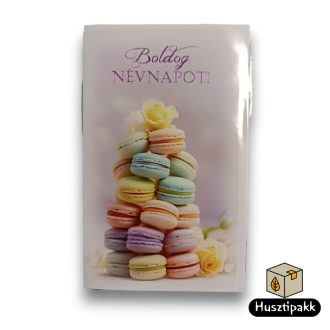 Képeslap - Boldog névnapot! - macaron, sárga rózsa E