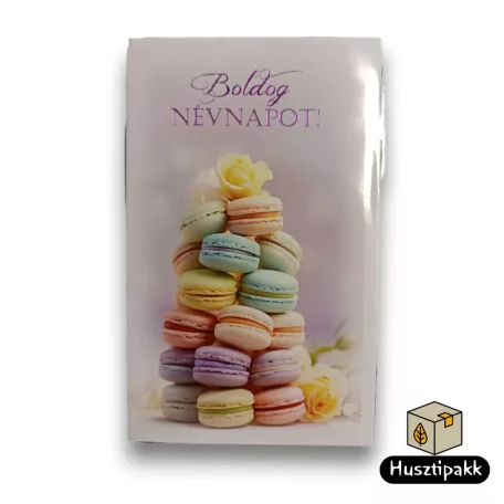 Képeslap - Boldog névnapot! - macaron, sárga rózsa E