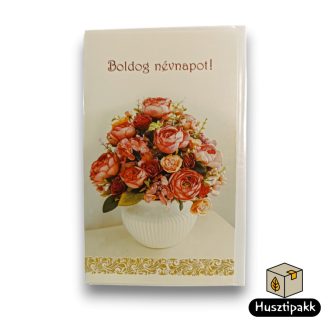   Képeslap - Boldog névnapot! - Fehér kaspóban piros, rózsaszín virágok B