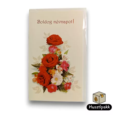 Képeslap - Boldog névnapot! - Virágcsokor fehér piros narancs virágokkal B