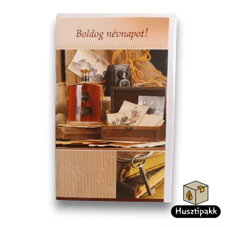 Képeslap - Boldog névnapot! - Cognac, kulcs, régi fényképek B