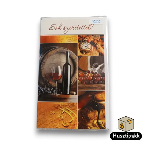 Képeslap - Sok szeretettel! - Boros üveg, hordó, antik óra, szőlő, homokóra B