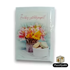   Képeslap - Boldog Születésnapot! - Sárga-rózsaszín csokor, macaron fehér tálban  D