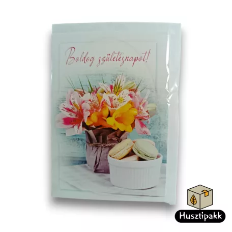 Képeslap - Boldog Születésnapot! - Sárga-rózsaszín csokor, macaron fehér tálban  D