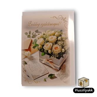   Képeslap - Boldog Születésnapot! - Rózsák díszdobozban masnival, levélpapír, boríték
