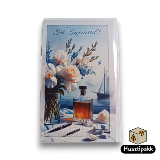 Képeslap - Sok szeretettel! - Cognac, rózsák üveg vázában, toll, papír, hajó E