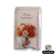   Képeslap - Boldog Születésnapot! - Rózsacsokor üveg vázában szalaggal E